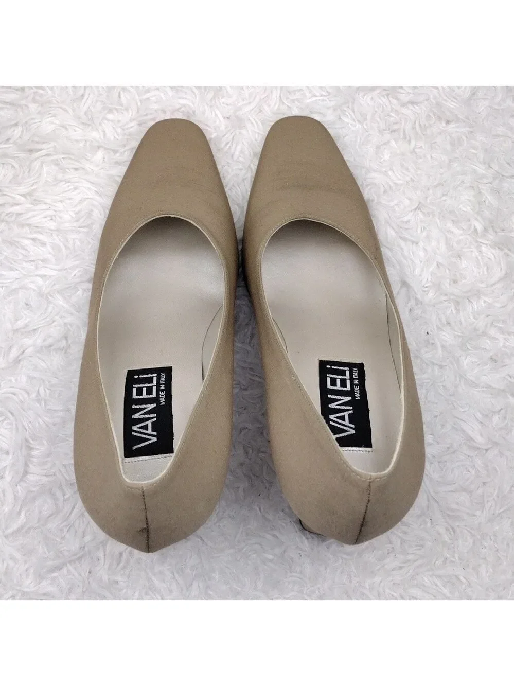 Van Eli Barbette Beige Tan Fabric Square Toe Mid Square Heel Slip On Pump Shoe